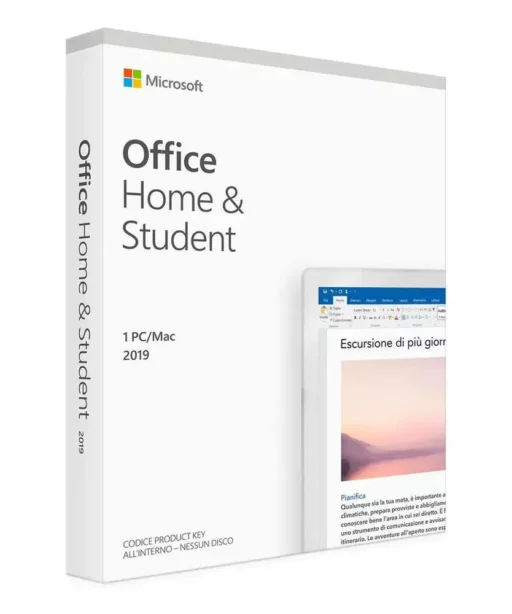 Boîte Office 2019 Home & Student pour Mac, emballage blanc, logo Microsoft et image partielle d'un document Word au recto.