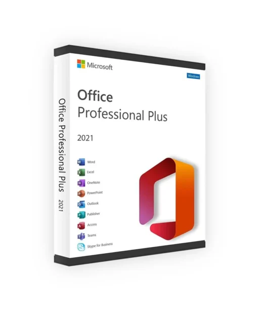 Boîte inclinée d'Office 2021 Professionnel Plus avec logo Office, affichant Word, Excel, PowerPoint, Outlook et autres applications.
