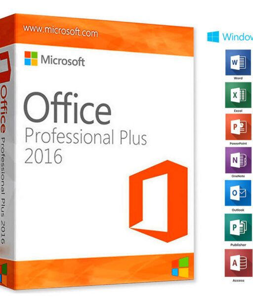 Boîte d'Office 2016 Professionnel Plus affichant le logo Office et les icônes Word, Excel, PowerPoint, OneNote, Outlook, Publisher et Access pour Windows.