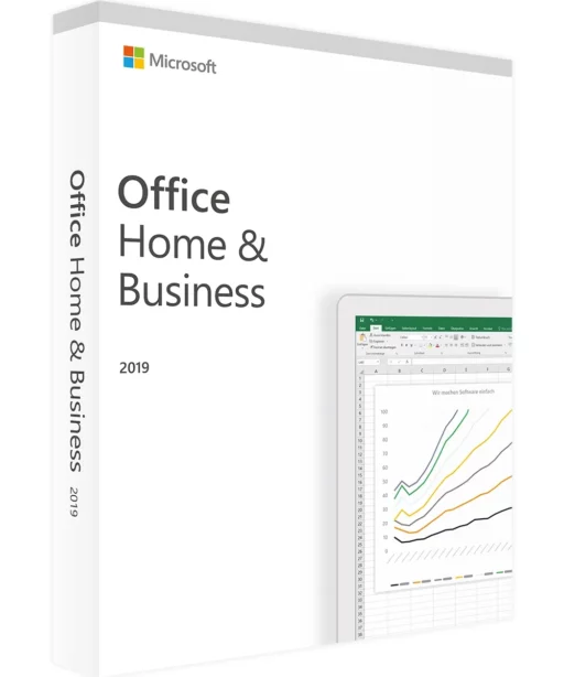 Boîte Office 2019 Home & Business pour Mac, logo Microsoft, nom du produit et tableur Excel avec graphique en courbes coloré.