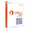 Boîte Office 2019 Professional Plus avec logo Office, nom du produit et icônes de Word, Excel, PowerPoint, Outlook et autres apps.