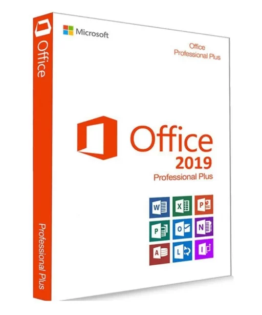 Boîte Office 2019 Professional Plus avec logo Office, nom du produit et icônes de Word, Excel, PowerPoint, Outlook et autres apps.