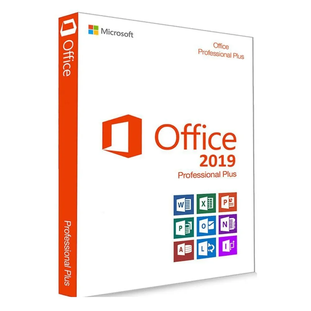Boîte Office 2019 Professional Plus avec logo Office, nom du produit et icônes de Word, Excel, PowerPoint, Outlook et autres apps.