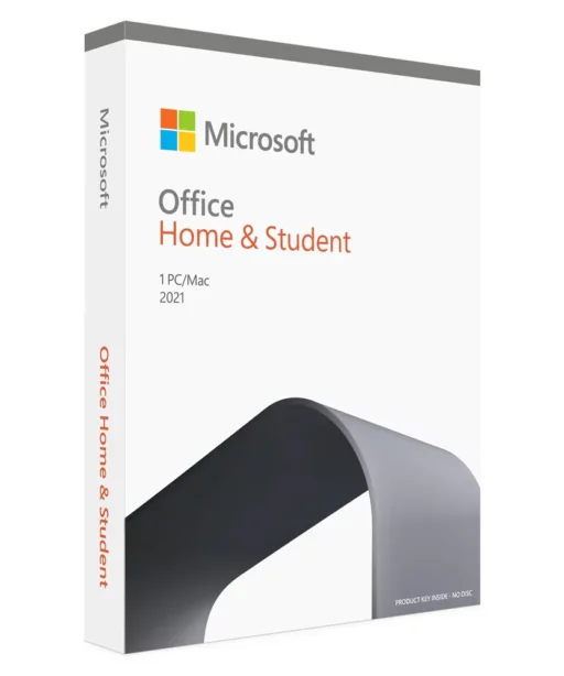 Boîte Office 2021 Famille et Étudiant pour Mac avec logo Microsoft, indiqué 1 PC/Mac. Design blanc, accents gris et orange.