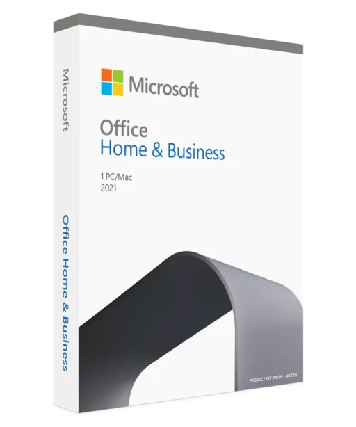 Boîte blanche affichant le logo Office 2021 Home & Business pour Mac, idéale pour les utilisateurs Apple recherchant une solution bureautique.