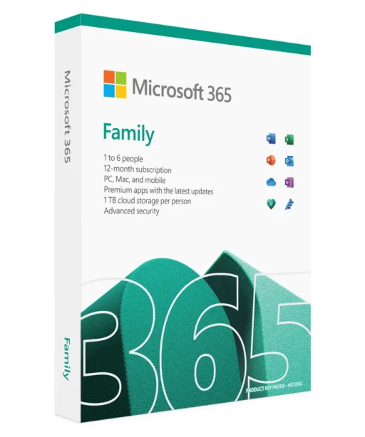 Abonnement Office 365 Famille, 1 à 6 utilisateurs, 12 mois, apps premium, 1To cloud chacun. Boîte blanche "365" logo Microsoft.