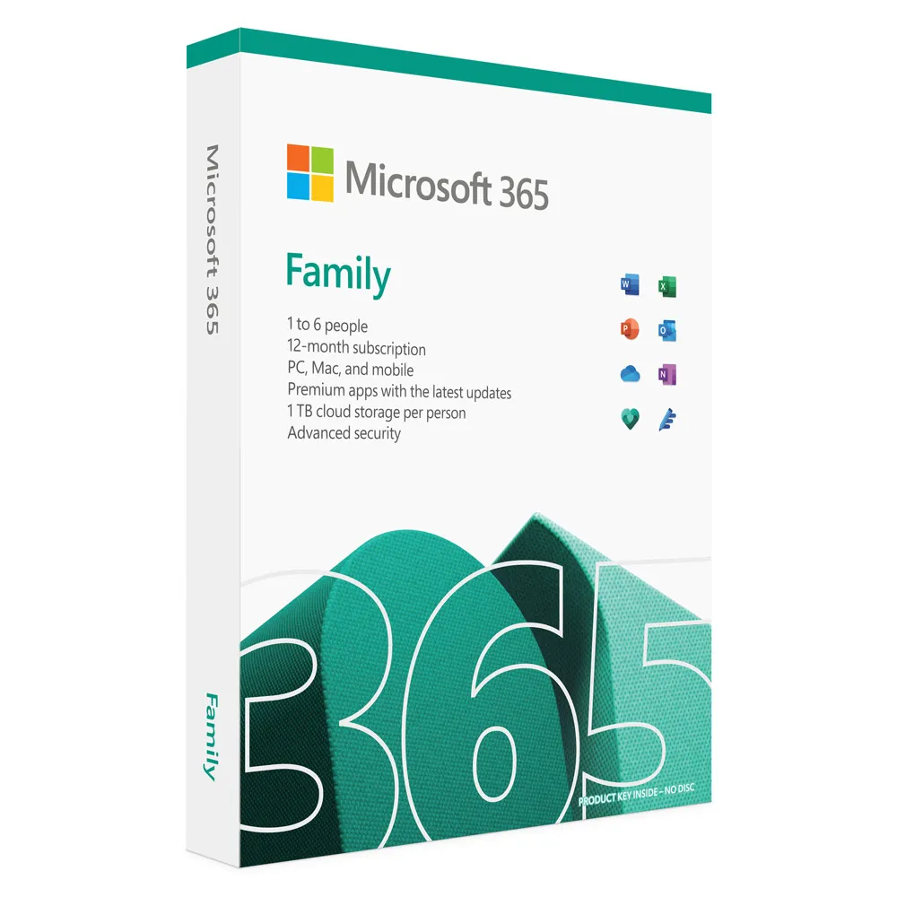 Abonnement Office 365 Famille, 1 à 6 utilisateurs, 12 mois, apps premium, 1To cloud chacun. Boîte blanche "365" logo Microsoft.