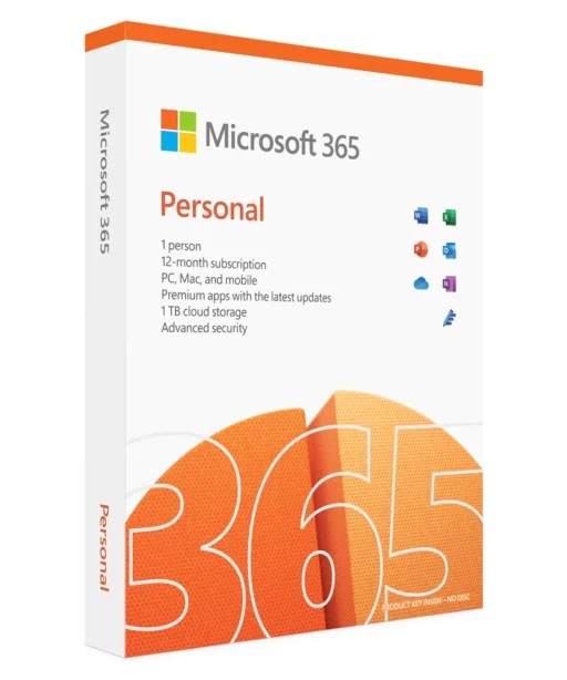 Boîte Office 365 Personnel affichant le logo, les icônes des apps, usage 1 utilisateur, abonnement 12 mois, PC/Mac/mobile, MAJ auto, sécurité avancée et 1 To cloud.
