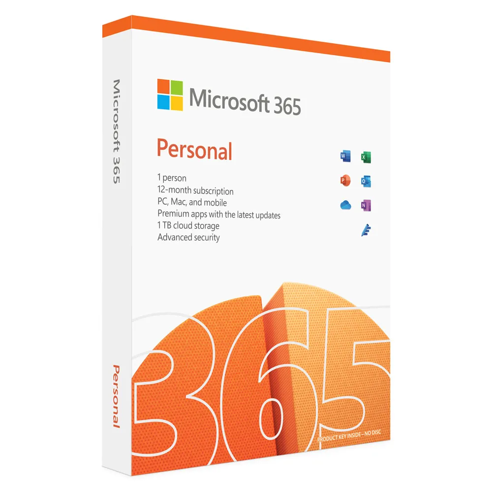 Boîte Office 365 Personnel affichant le logo, les icônes des apps, usage 1 utilisateur, abonnement 12 mois, PC/Mac/mobile, MAJ auto, sécurité avancée et 1 To cloud.