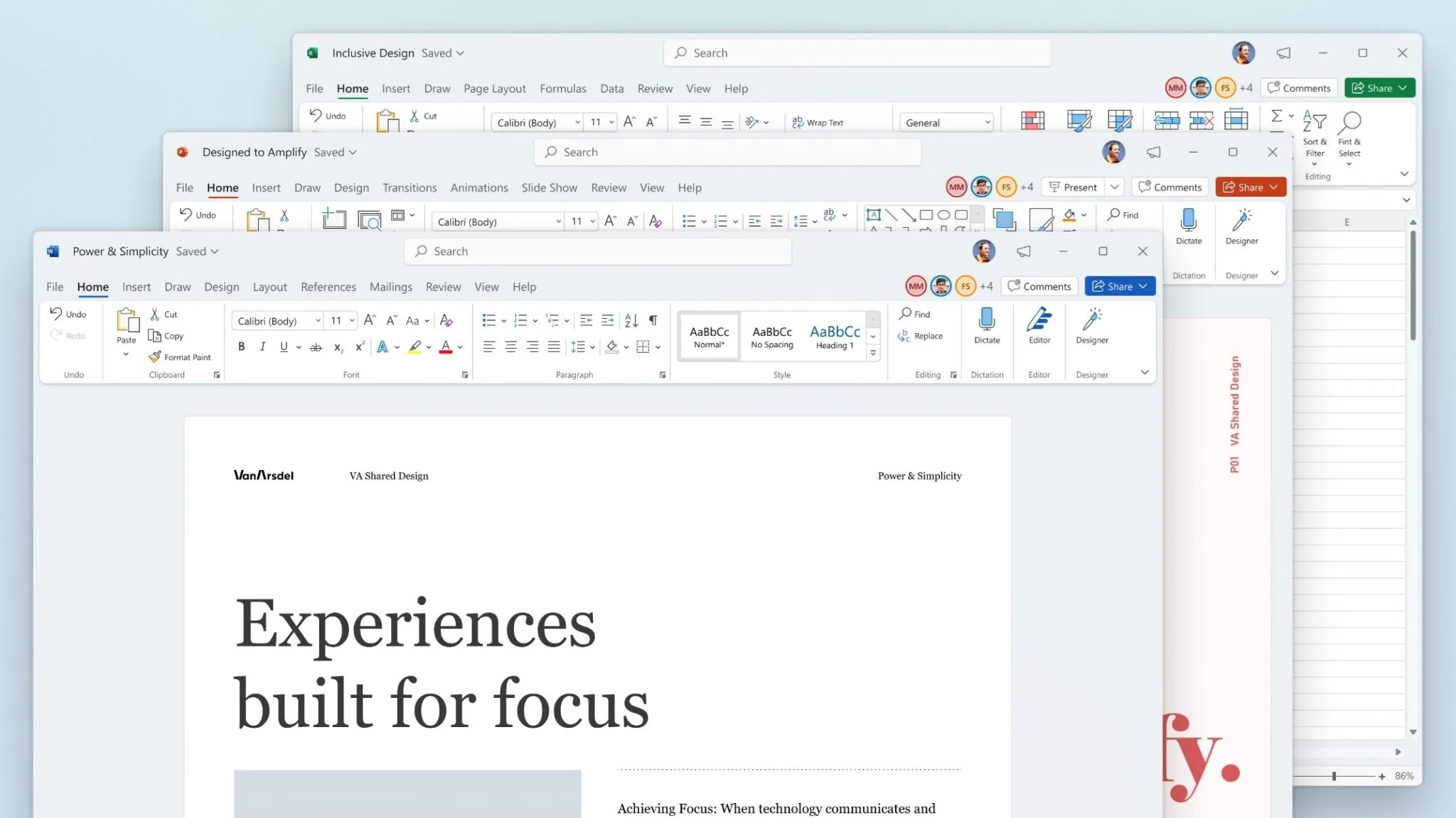 Capture d'écran du bureau Windows avec deux fenêtres Word Office 2021 Pro Plus superposées, affichant la barre d'outils et le titre " Experiences built for focus ".