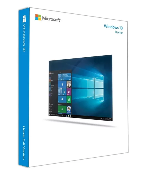 Boîte de Windows 10 Home avec logo Windows, marque Microsoft et image du bureau sur fond blanc, étiquette "Home Full Version".