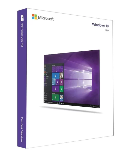 Boîte de Windows 10 Professionnel avec logo, image du bureau et menu Démarrer ouvert sur fond blanc, vue claire et détaillée.