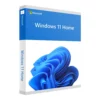 Emballage de Windows 11 Home avec une spirale bleue, logo Windows 11 Home sur fond blanc et bleu, logo Microsoft en haut à gauche.