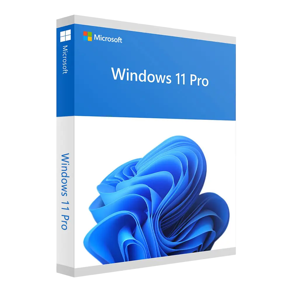 Boîte Microsoft Windows 11 Pro : logo Windows, design bleu abstrait et inscription " Windows 11 Pro " sur la face et la tranche.
