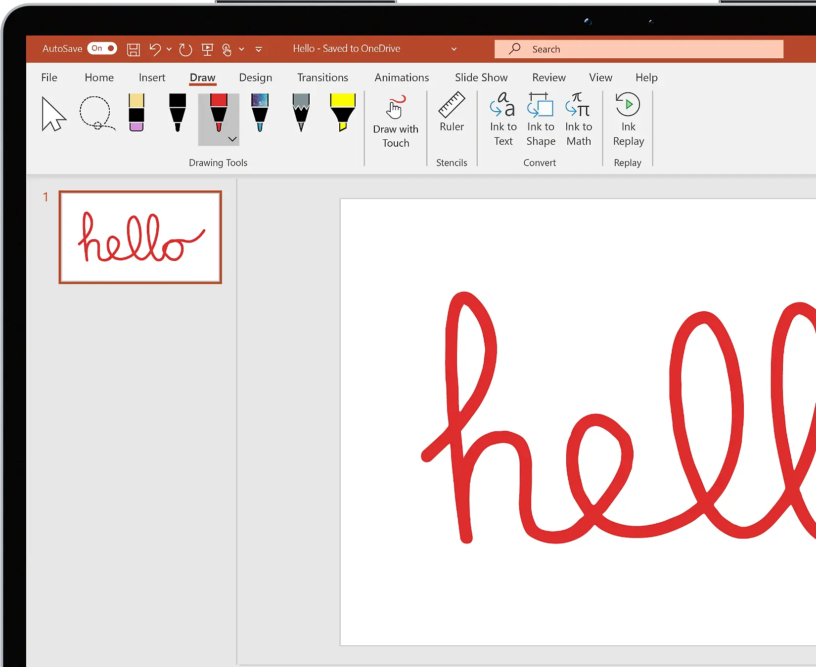 Sous Office 2021 Standard, une diapositive PowerPoint affiche "hello" en rouge manuscrit, dessiné avec l'outil stylet. Les options de dessin et du stylet sont visibles en haut de l'écran.