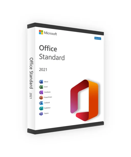 Boîte 3D du logiciel Office 2021 Standard avec logo Office, icônes des applications et marque Microsoft sur fond blanc.
