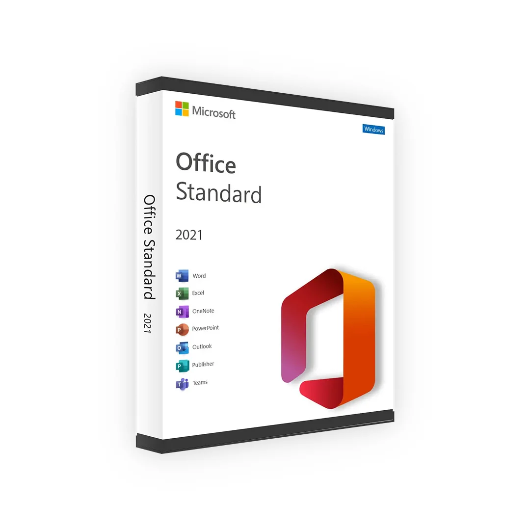 Boîte 3D du logiciel Office 2021 Standard avec logo Office, icônes des applications et marque Microsoft sur fond blanc.