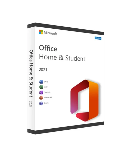 Boîte Office 2021 Famille et Étudiant avec logo Office et icônes Word, Excel, OneNote, PowerPoint, Teams sur fond blanc.