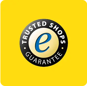 Badge rond sur fond jaune avec anneau noir " Trusted Shops Guarantee " et un e bleu stylisé au centre, symbole de confiance.