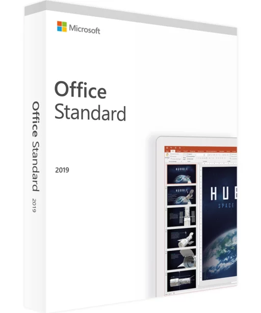 Boîte du logiciel Office 2019 Standard avec le logo OFFICE 2019 STANDARD et une diapositive PowerPoint sur le thème de l'espace.