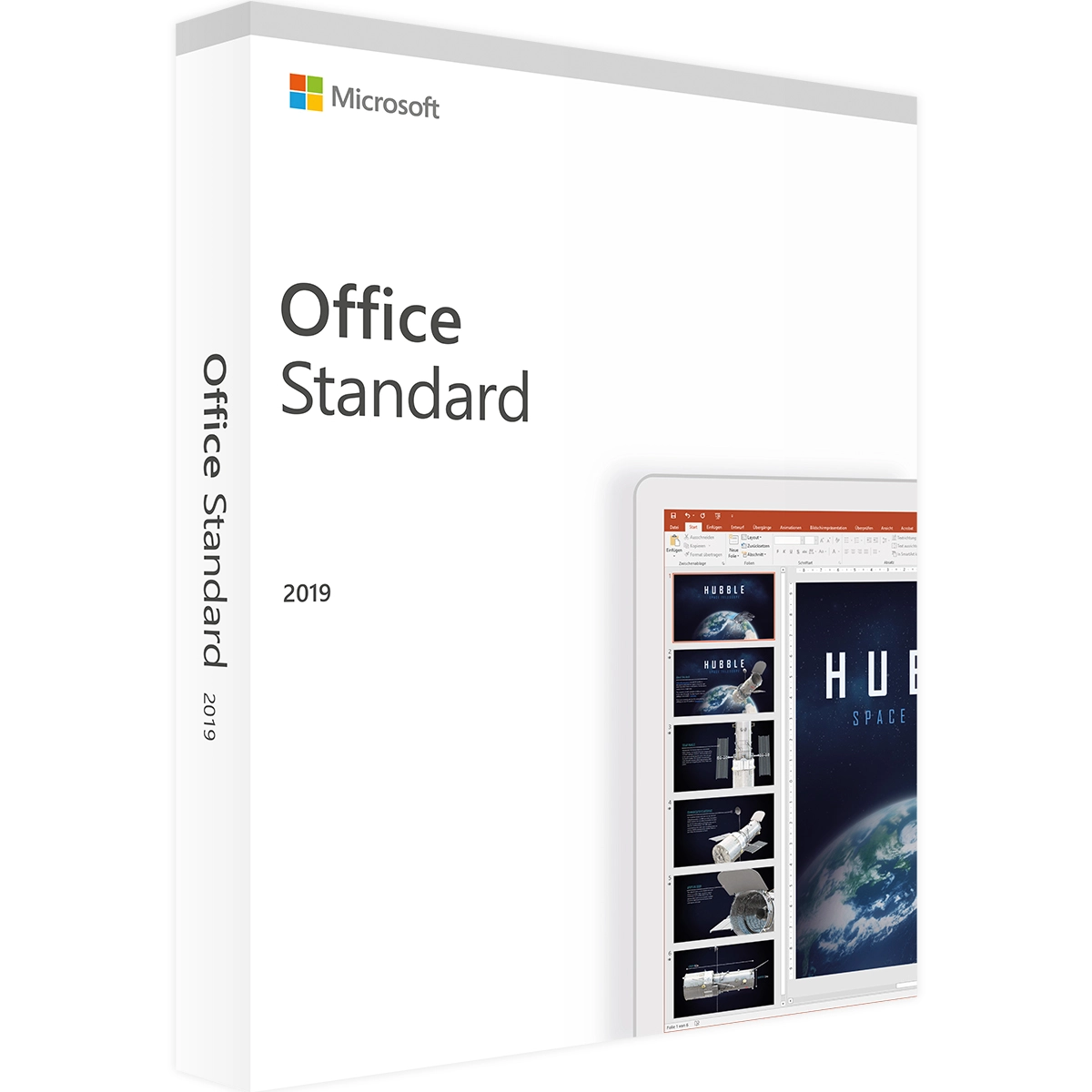 Boîte du logiciel Office 2019 Standard avec le logo OFFICE 2019 STANDARD et une diapositive PowerPoint sur le thème de l'espace.