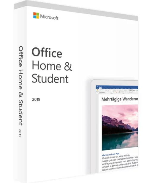 Boîte du produit Office 2019 Home & Student avec logo Microsoft, nom du produit et écran affichant Word avec une image de montagne.