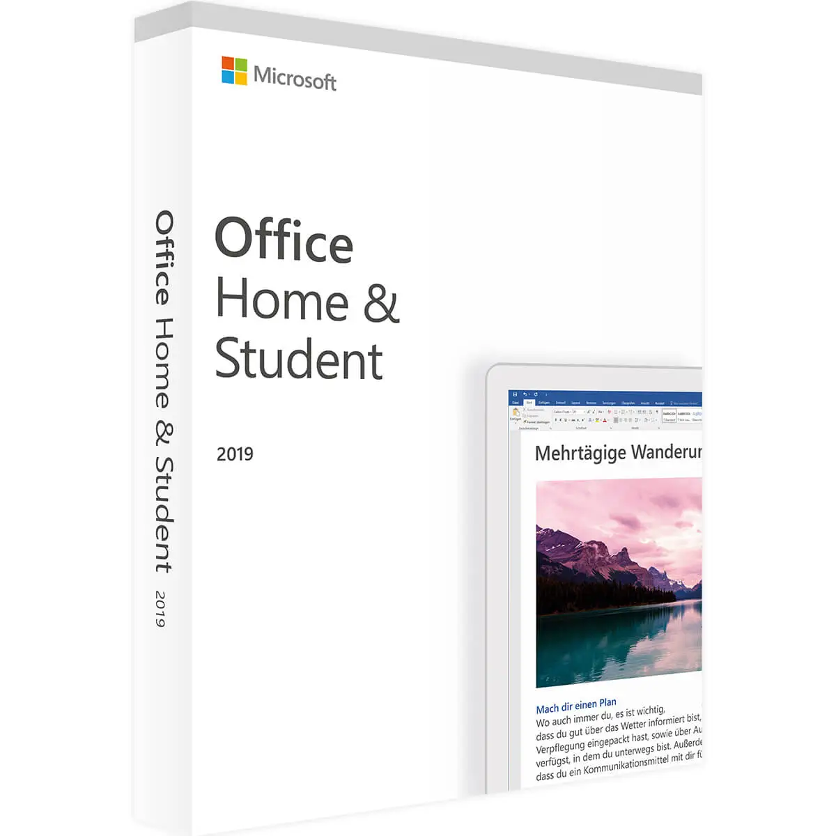 Boîte du produit Office 2019 Home & Student avec logo Microsoft, nom du produit et écran affichant Word avec une image de montagne.