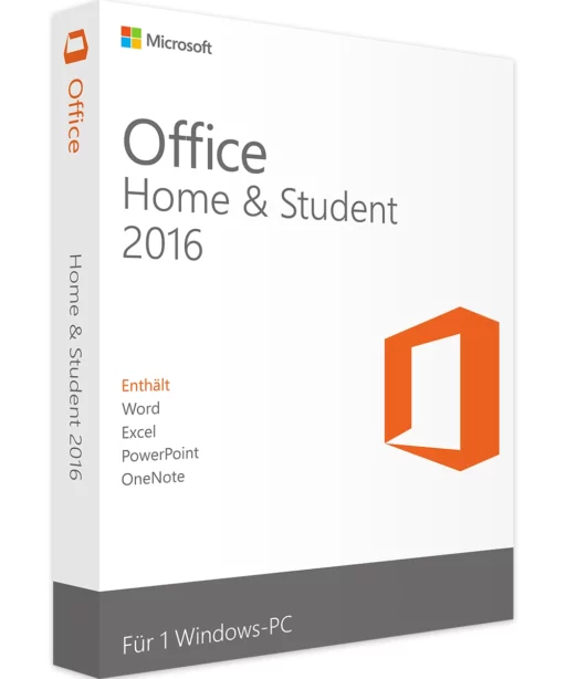 Boîte Office 2016 Home & Student blanche, version allemande, logo orange et infos Word, Excel, PowerPoint, OneNote pour 1 PC Windows.