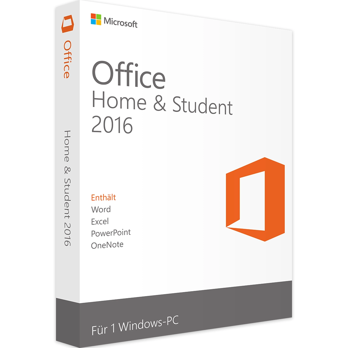 Boîte Office 2016 Home & Student blanche, version allemande, logo orange et infos Word, Excel, PowerPoint, OneNote pour 1 PC Windows.