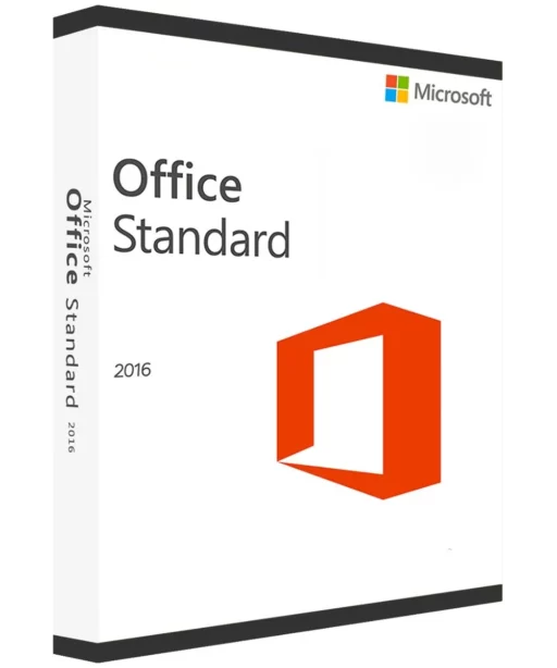 Une boîte blanche Office 2016 Standard affiche le logo Microsoft, le nom du produit et un grand logo orange Office sur la face avant.