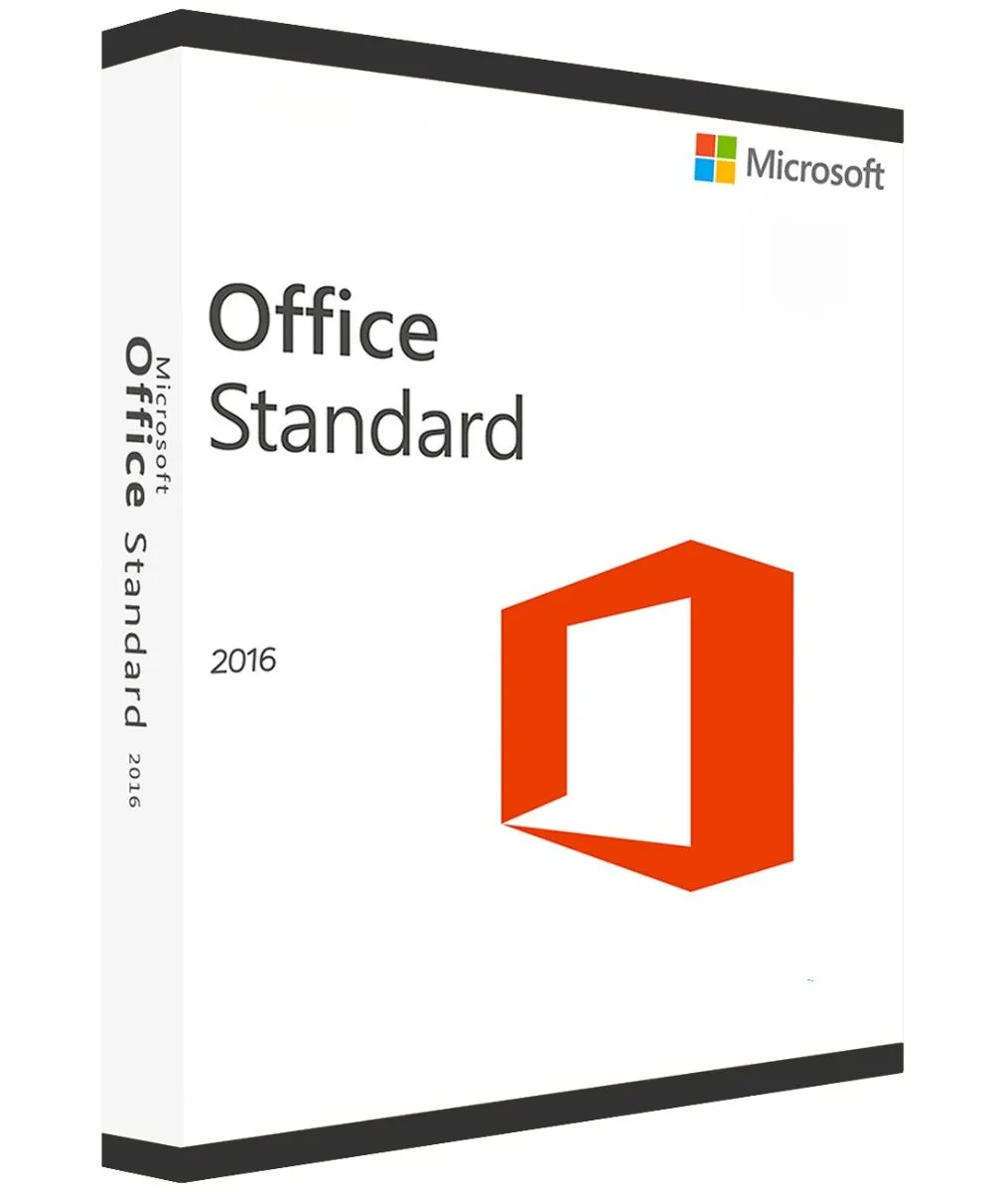 Une boîte blanche Office 2016 Standard affiche le logo Microsoft, le nom du produit et un grand logo orange Office sur la face avant.