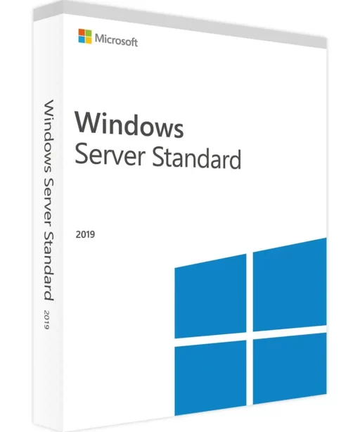 Boîte commerciale de Windows Server 2019 Standard, affichant le nom du produit et les logos Microsoft et Windows sur fond blanc.