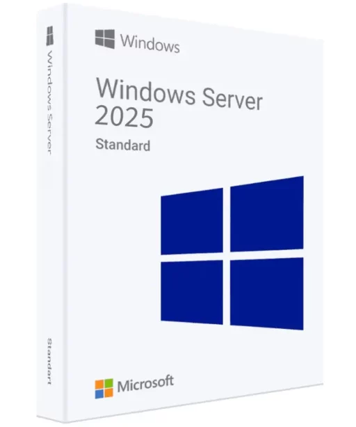 Boîte de vente Windows Server 2025 Standard avec logo Windows et marque Microsoft sur fond blanc élégant.