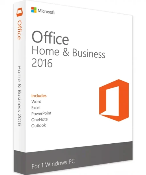 Boîte Office 2016 Home & Business PC, design blanc à accents orange, logo Office et liste Word, Excel, PowerPoint, OneNote et Outlook.
