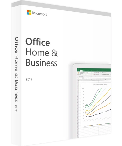 Boîte du logiciel Office 2019 Home & Business avec logo Microsoft, branding, et image d'Excel montrant un graphique linéaire.