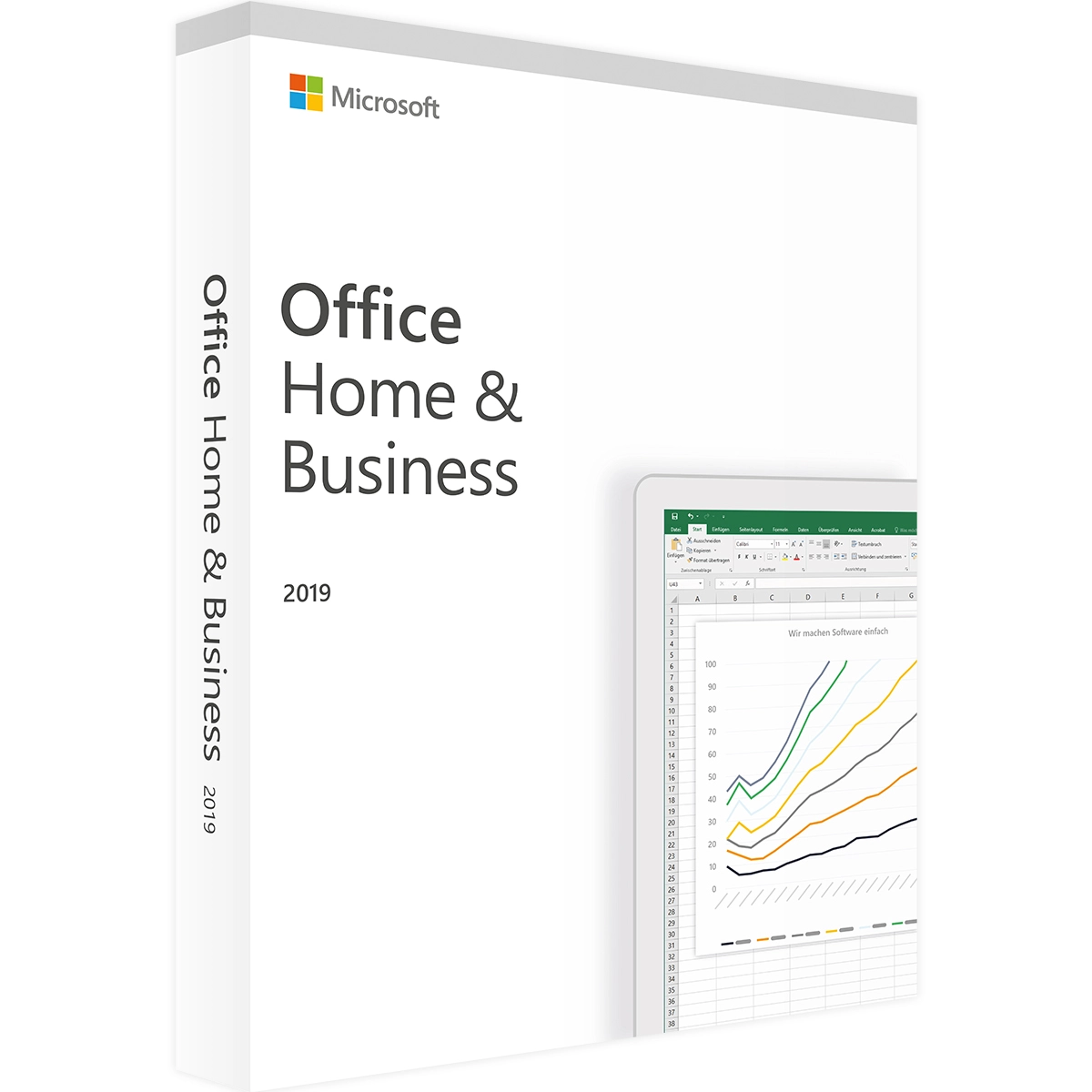 Boîte du logiciel Office 2019 Home & Business avec logo Microsoft, branding, et image d'Excel montrant un graphique linéaire.