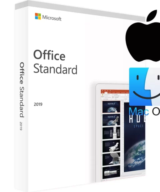 Boîte Office 2019 Standard pour Mac avec logos MacOS et Apple, illustrant la compatibilité. Slide PowerPoint sur l'espace.