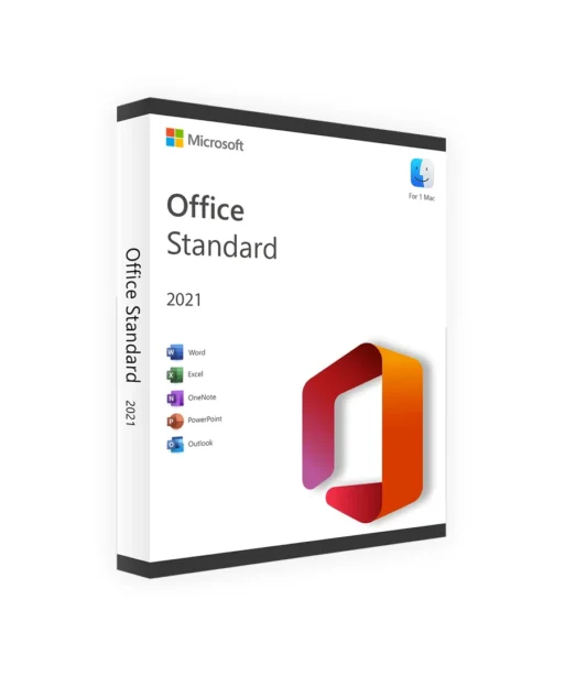 Boîte d'Office 2021 Standard pour Mac avec le logo Office et les icônes Word, Excel, OneNote, PowerPoint et Outlook sur fond blanc.