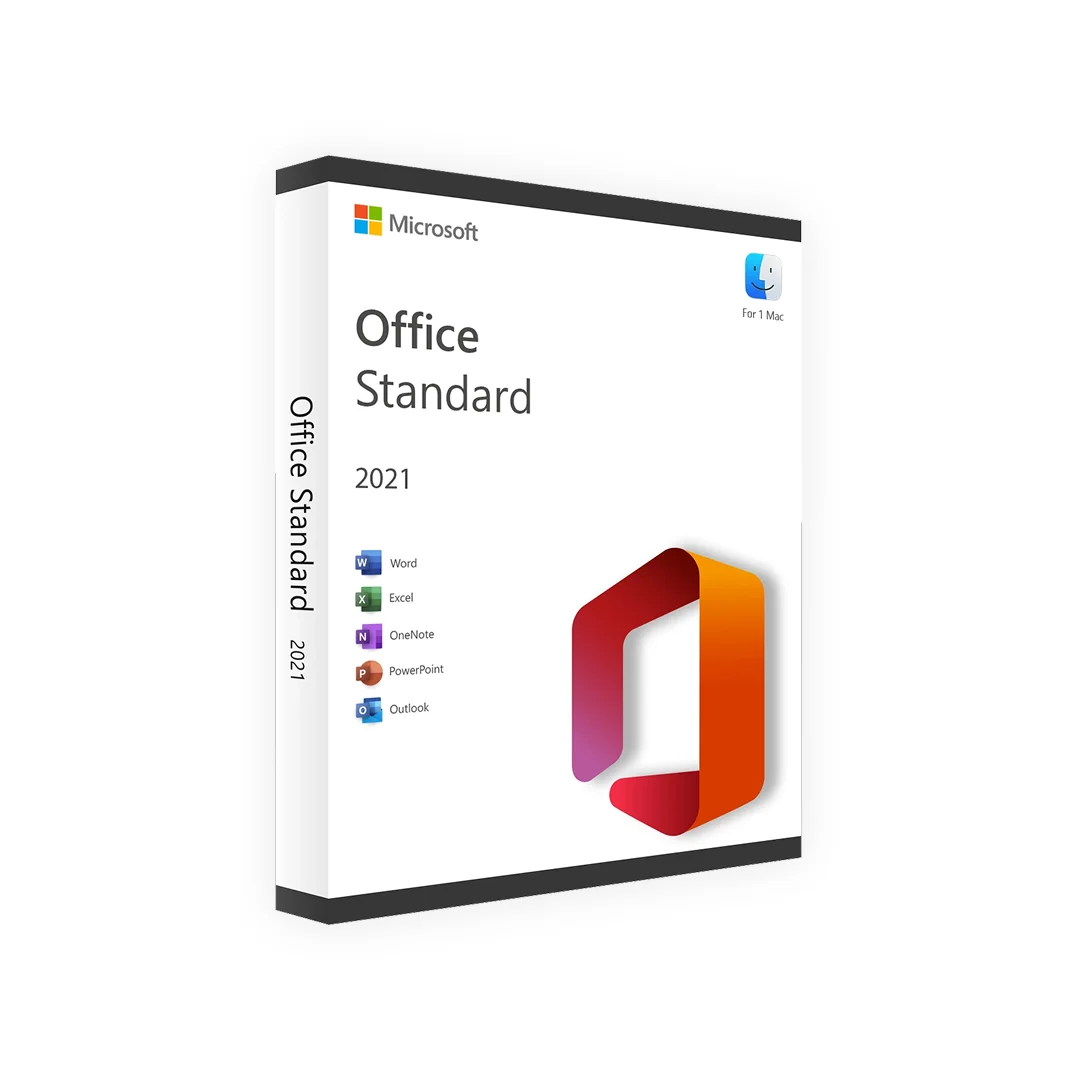 Boîte d'Office 2021 Standard pour Mac avec le logo Office et les icônes Word, Excel, OneNote, PowerPoint et Outlook sur fond blanc.