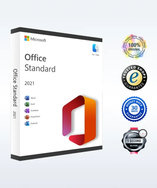 Boîte du logiciel Office 2021 Standard pour Mac avec quatre badges : 100% original, Trusted Shops, satisfait ou remboursé 30 jours, livraison en 1 seconde.
