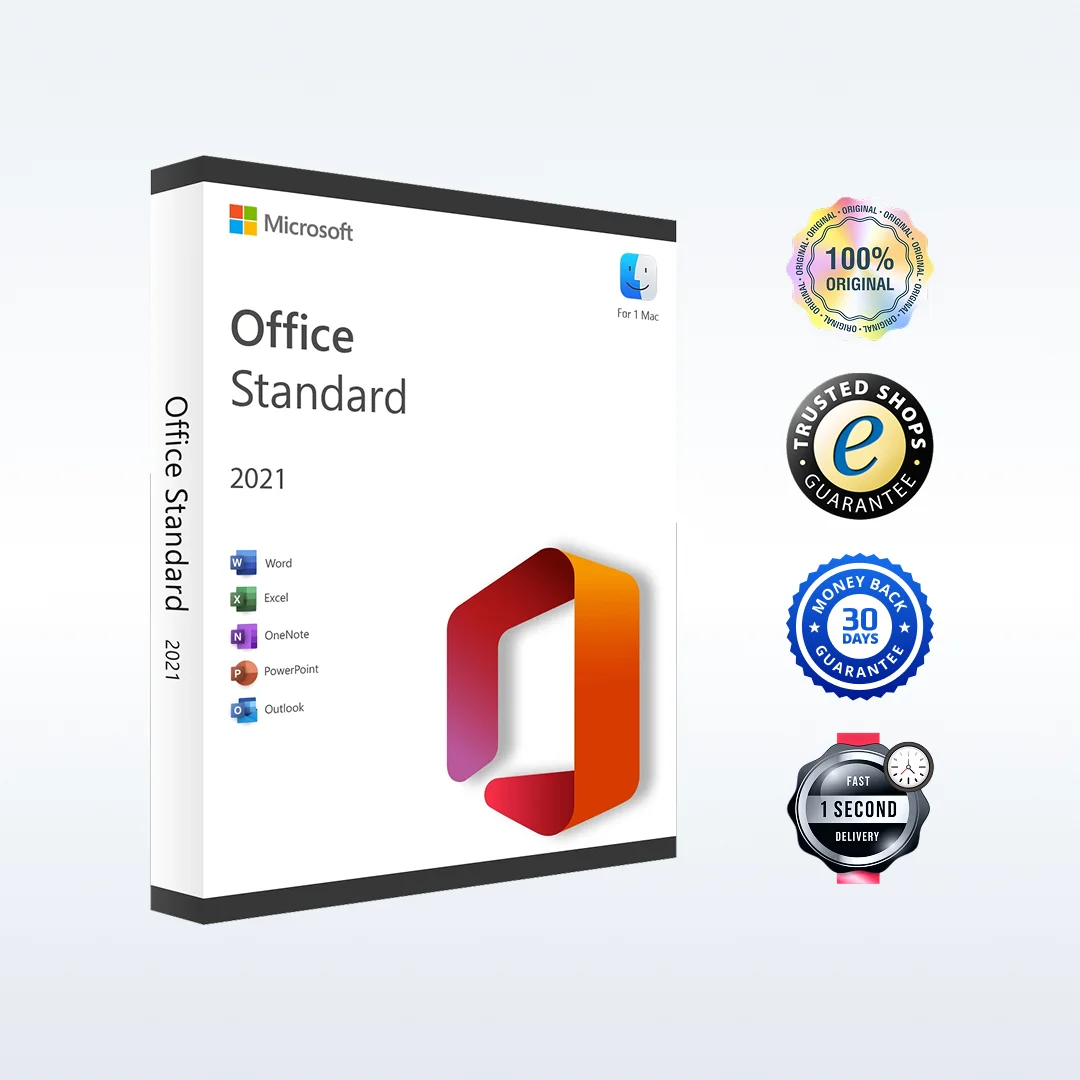Boîte du logiciel Office 2021 Standard pour Mac avec quatre badges : 100% original, Trusted Shops, satisfait ou remboursé 30 jours, livraison en 1 seconde.