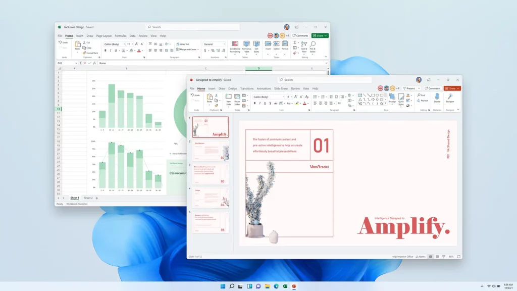 Windows 11 Enterprise avec les applications Microsoft 365 comme Excel et PowerPoint – idéal pour la productivité et la collaboration en entreprise, disponible en licence numérique sur Keyfy.com