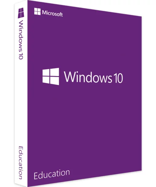 Boîte violette de Windows 10 Éducation avec logo Windows et texte "Windows 10 Education" sur la face, "Éducation" en bas et sur la tranche.