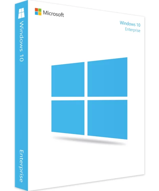 Boîte Windows 10 Enterprise : nom du produit et logo Microsoft visibles sur la face avant et la tranche de l'emballage.