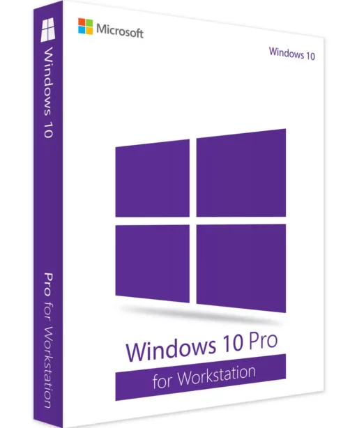 Boîte de vente Windows 10 Pro pour Workstation affichant le logo violet de Windows et les textes sur fond blanc, siglée Microsoft.