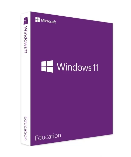 Boîte logicielle violette affichant les logos Microsoft et Windows 11, avec "Education" sur la tranche, édition Windows 11 Education.
