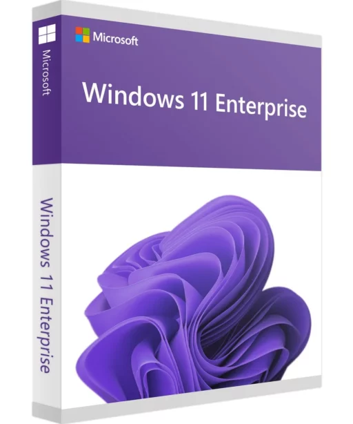 Boîte de Windows 11 Enterprise avec un design abstrait violet, logo Microsoft et texte blanc "Windows 11 Enterprise" sur fond violet.