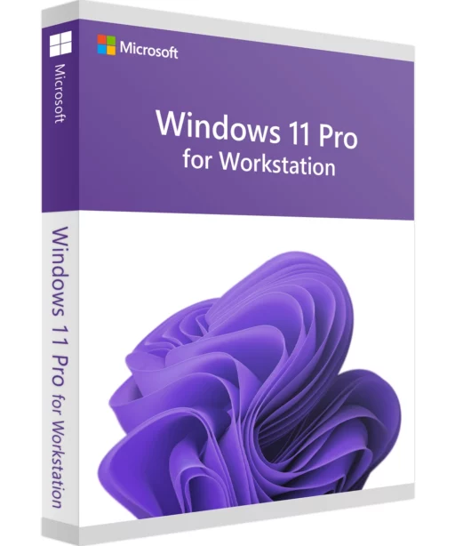 Boîte de Windows 11 Pro pour Workstation avec design violet, logo Microsoft, nom visible sur la face avant et la tranche, fond blanc.