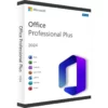 Boîte Office 2024 Professional Plus avec logo Office et les noms Word, Excel, OneNote, PowerPoint, Outlook, Publisher, Access sur fond blanc.