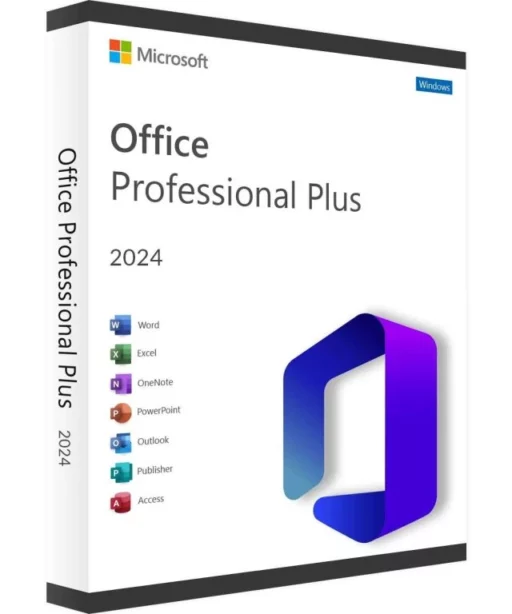 Boîte Office 2024 Professional Plus avec logo Office et les noms Word, Excel, OneNote, PowerPoint, Outlook, Publisher, Access sur fond blanc.